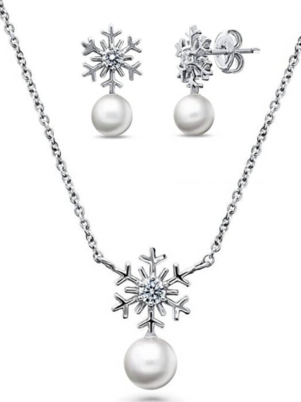 โจ Sterling Silver Simulated Pearl Snowflake Necklace & Earrings Set โจ